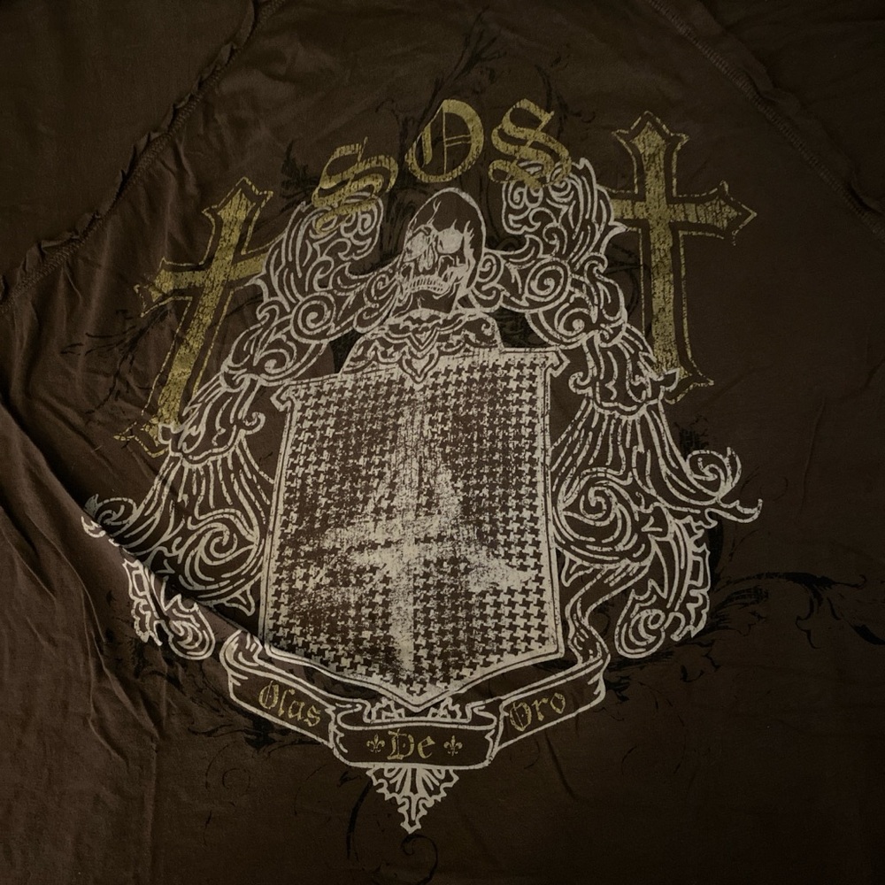 Brown Graphic T-Shirt with Gold and White Design